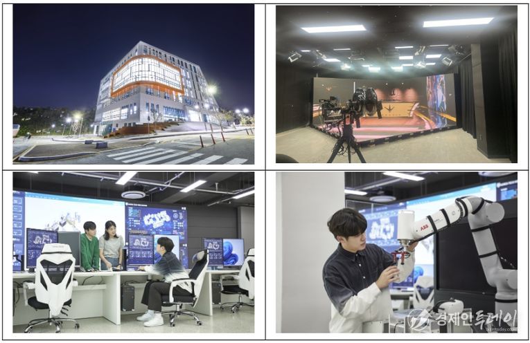 (상단 왼쪽부터) 한국기술교육대 다담 미래학습관 전경, XR스튜디오, 스마트러닝팩토리 관제센터에서 학생들이 실습하는 장면