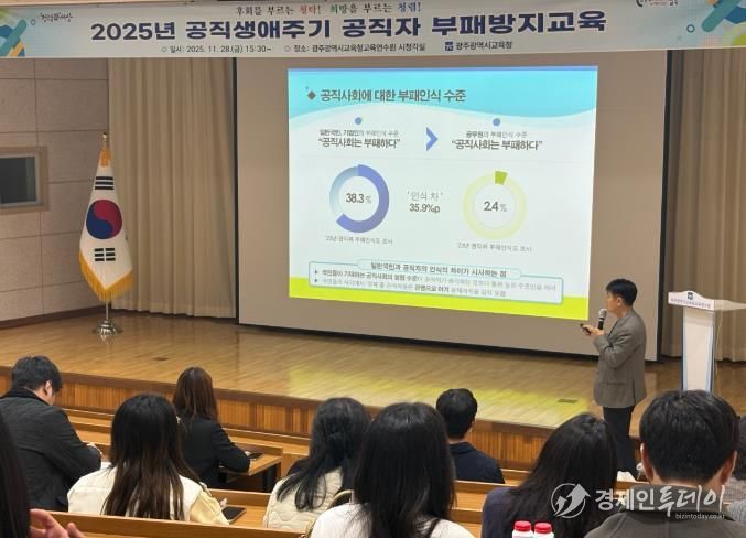 광주시교육청이 28일 광주시교육청교육연수원 시청각실에서 실시한 ‘공직생애주기 공직자 부패방지교육’에서 시교육청 청렴강사로 활동 중인 첨단고 이영식 교감이 강의를 하고 있다.